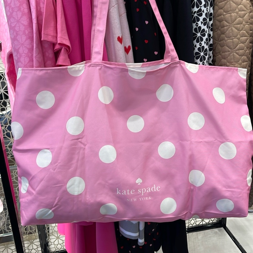 Kate Spade Soft Pink-White Polka Dots Canvas Tote XL Reusable Shopping Beach Bag - Picture 2 of 16